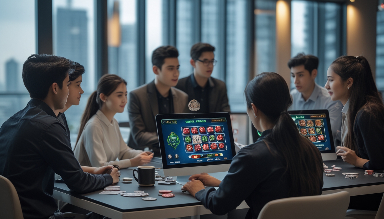 Sekelompok orang muda bermain permainan kasino langsung secara online di depan layar komputer dan tablet dalam ruangan modern dengan pemandangan kota di belakang mereka.