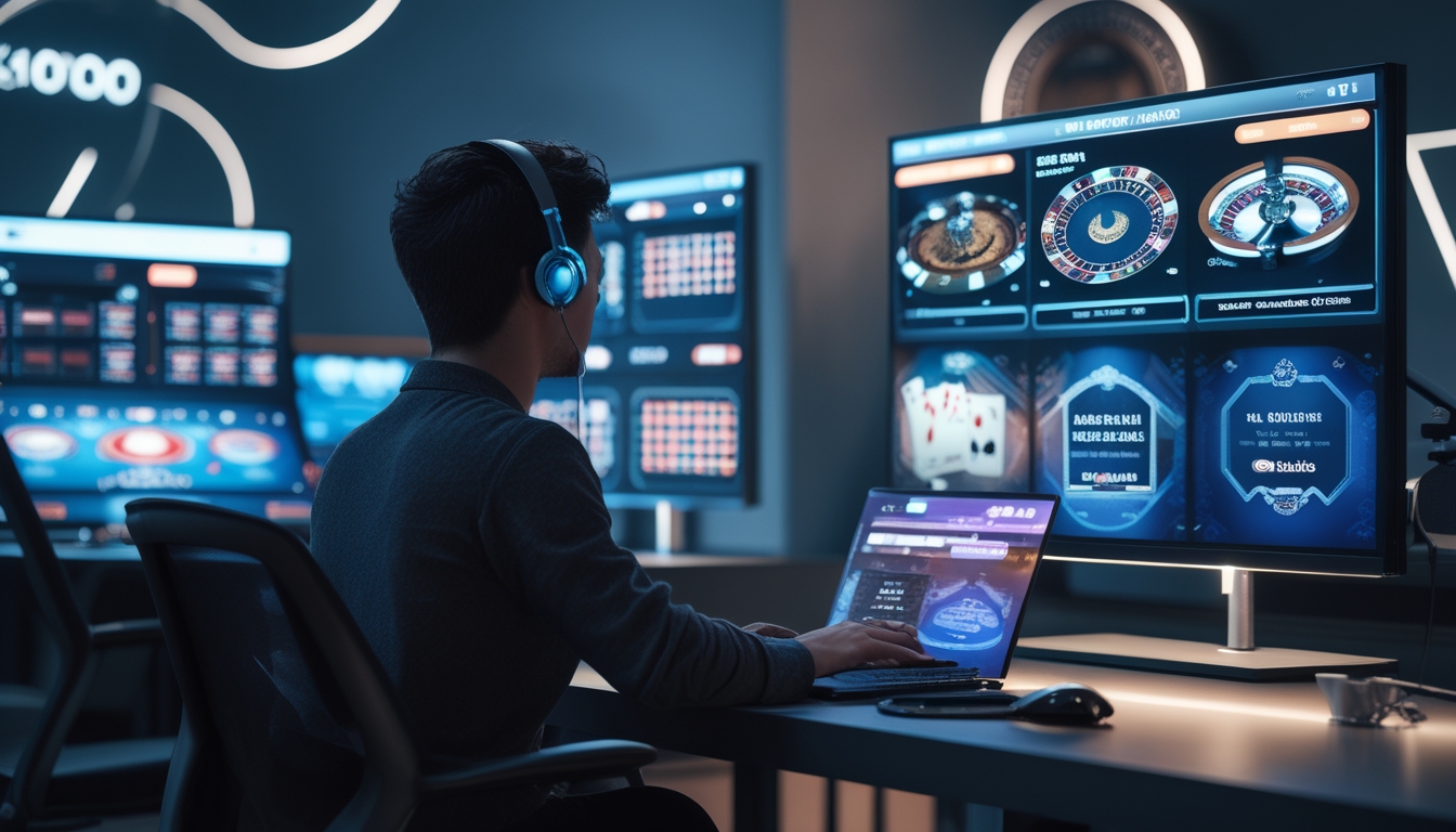 Seorang pemula sedang fokus bermain live casino online dengan beberapa layar komputer yang menampilkan permainan kasino langsung di sebuah ruangan modern.