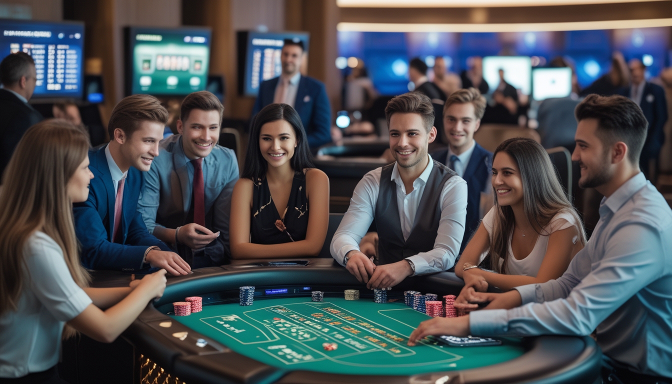 Sekelompok orang muda sedang belajar strategi dasar permainan live casino online dengan dealer profesional di meja kasino modern.