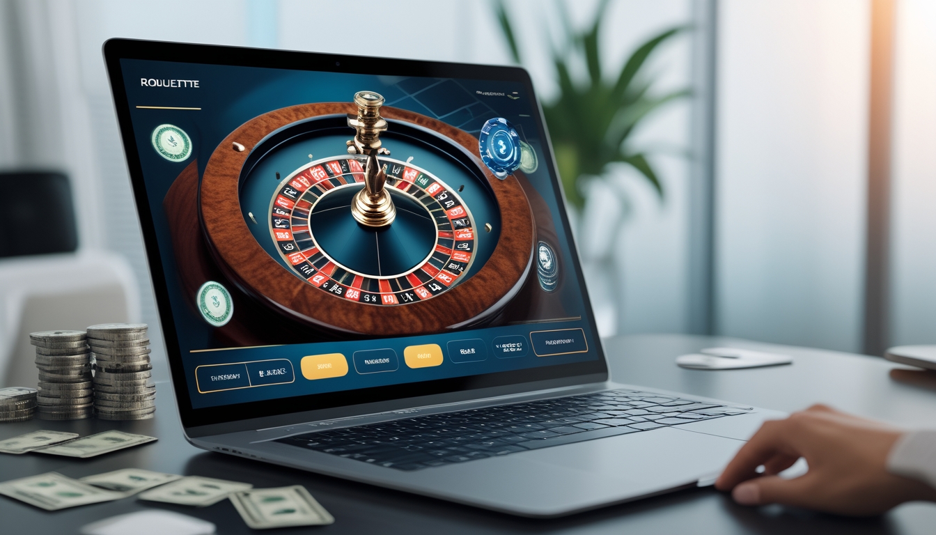 Seorang pengguna sedang bermain roulette online di komputer dengan tampilan roda roulette dan antarmuka taruhan yang jelas.