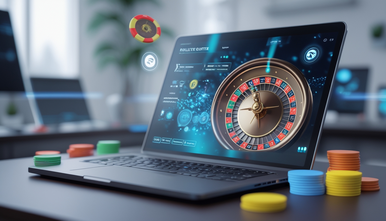 Sebuah meja permainan roulette online dengan layar komputer menampilkan roda roulette digital dan chip taruhan dalam ruangan yang terang dan modern.