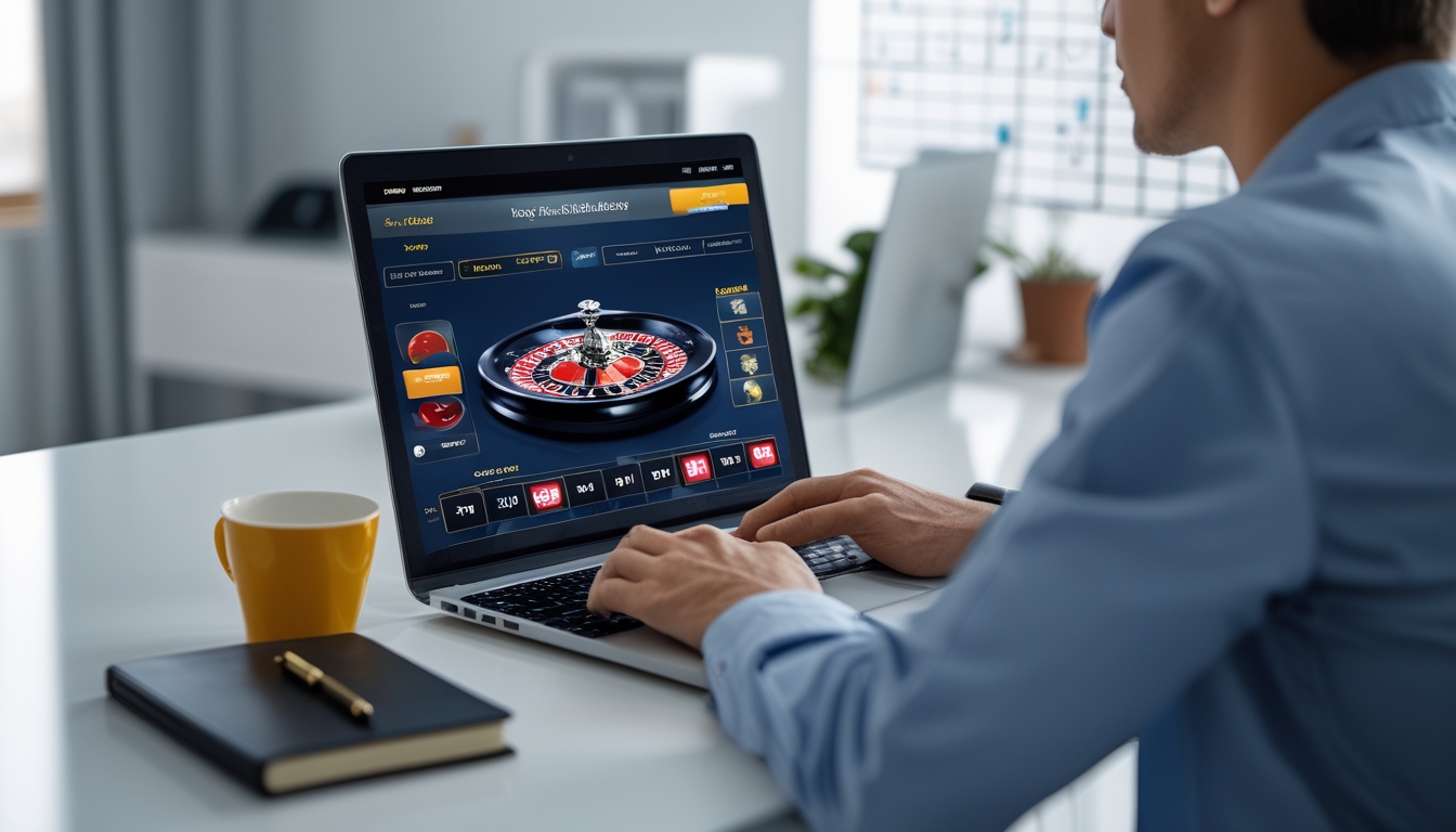 Seseorang duduk di meja dengan laptop yang menampilkan permainan roulette online, terlihat fokus dan tenang dalam suasana kantor rumah yang rapi.
