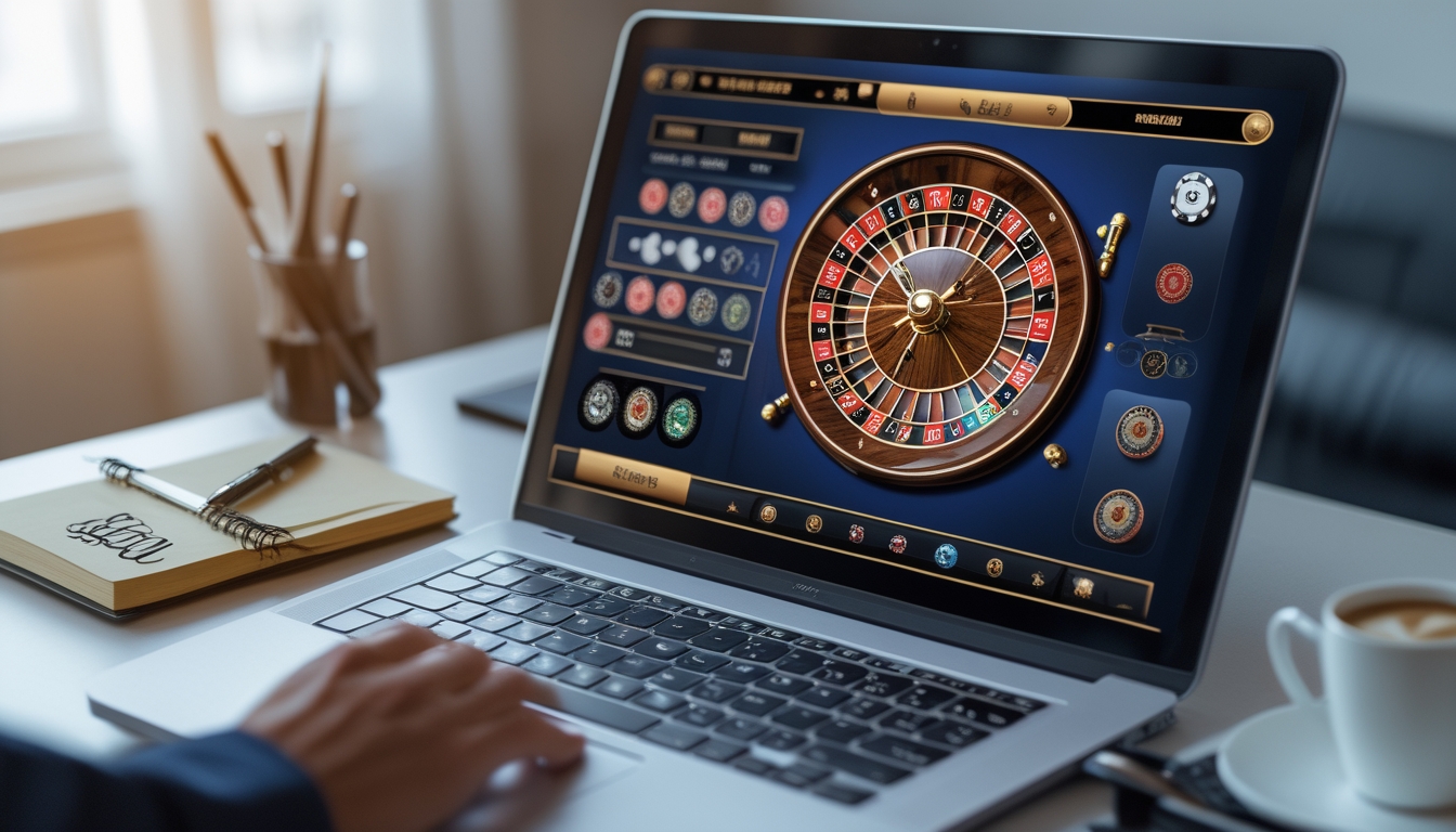 Seseorang sedang bermain roulette online di depan komputer dengan catatan dan alat tulis di meja.