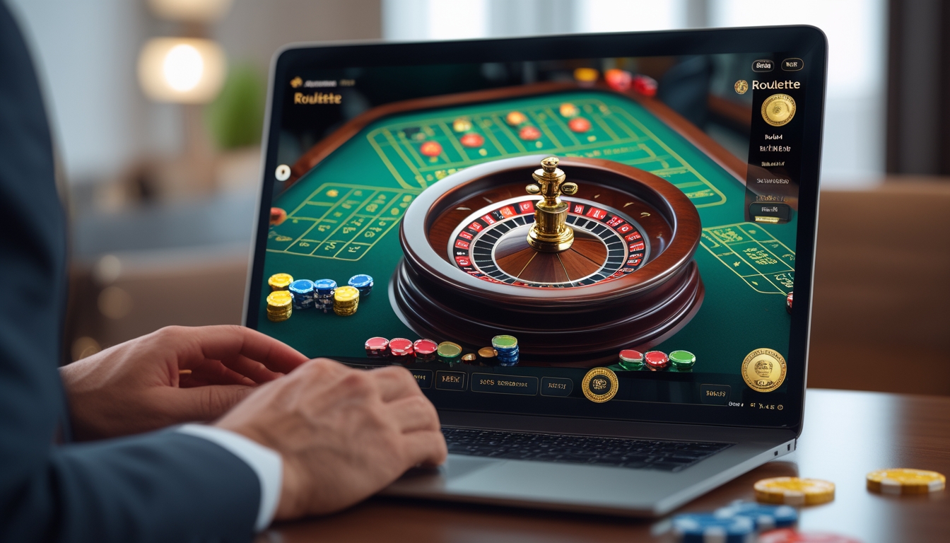 Seseorang menggunakan komputer dengan tampilan permainan roulette online yang realistis di layar.