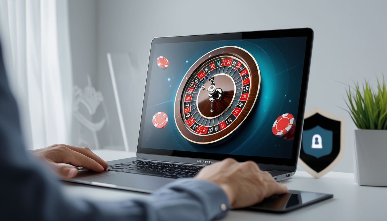 Sebuah meja dengan komputer menampilkan roda roulette digital, dikelilingi simbol keamanan, menggambarkan situs roulette online yang aman dan terpercaya.