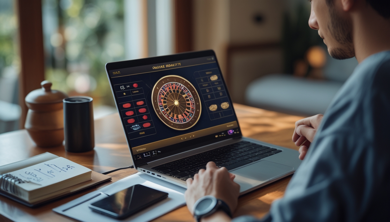 Seseorang sedang bermain roulette online menggunakan laptop di meja kayu dengan suasana ruangan yang nyaman.