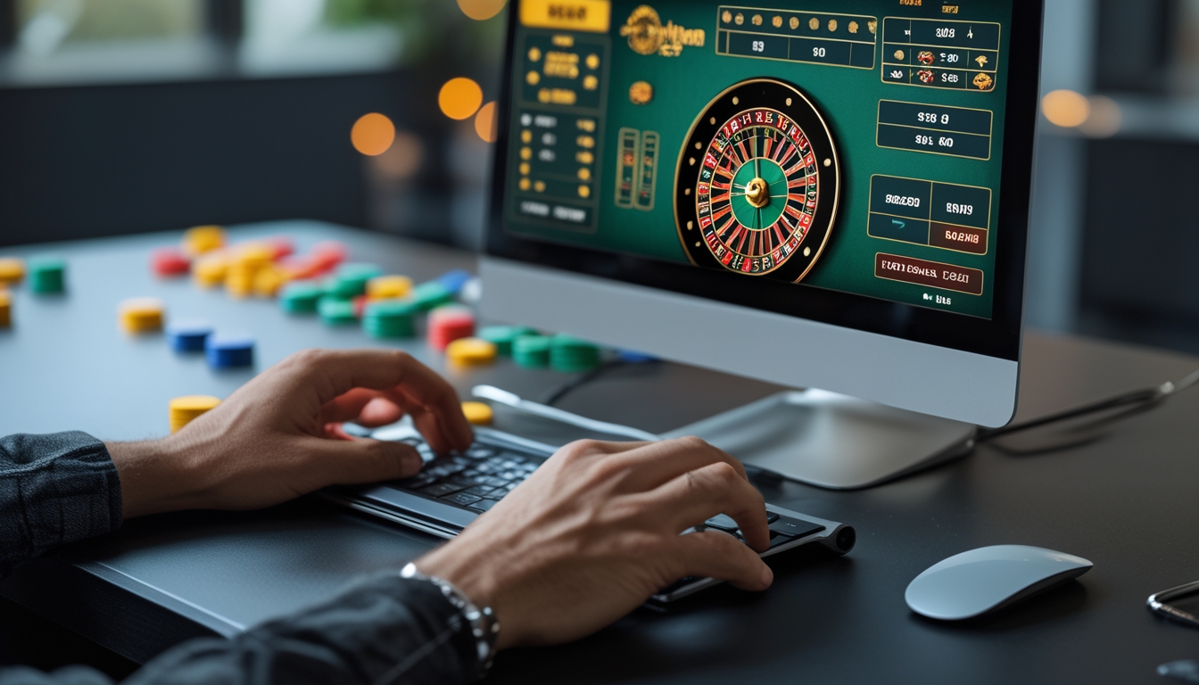 Seseorang sedang bermain roulette online di depan layar komputer dengan roda roulette dan chip taruhan terlihat jelas.