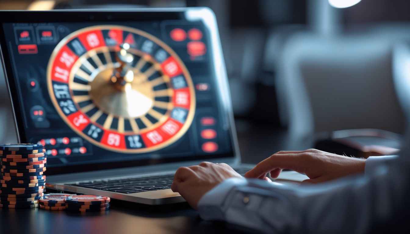 Seseorang sedang bermain roulette online dengan laptop, uang nyata, dan chip taruhan di meja dalam ruangan yang rapi.