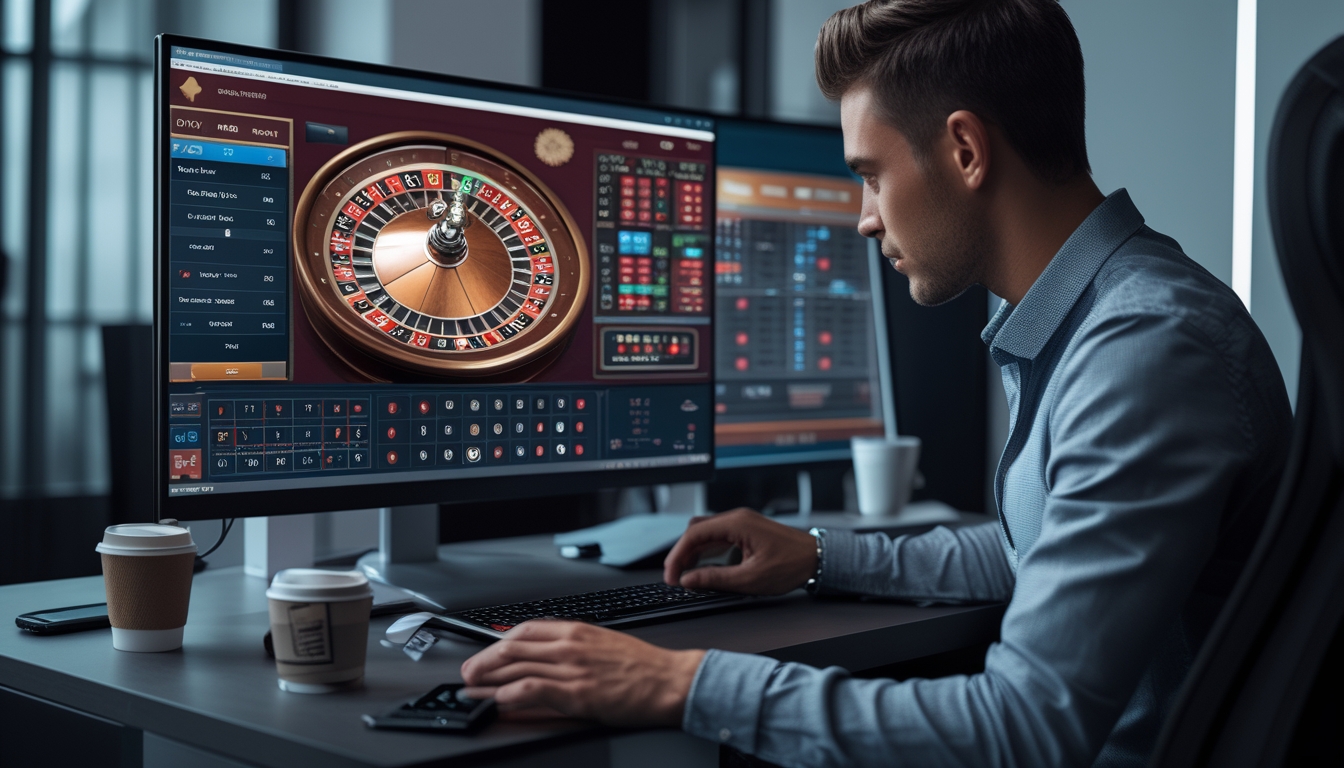 Seseorang sedang fokus menggunakan komputer dengan tampilan permainan roulette online uang asli di layar.