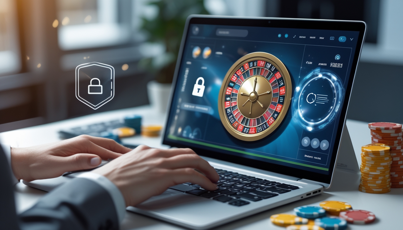 Seseorang menggunakan laptop dengan tampilan roda roulette dan tumpukan chip taruhan di meja, menandakan aktivitas perjudian online dengan keamanan tinggi.
