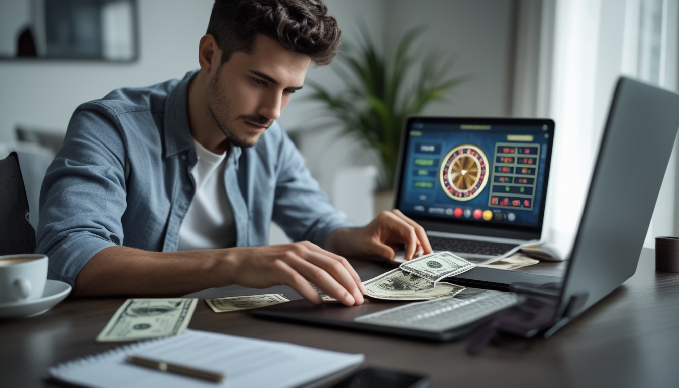 Seorang pria muda sedang mengelola uang sambil bermain roulette online di laptop di dalam ruangan.
