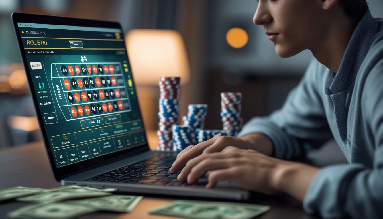 Seorang dewasa muda duduk di meja dengan laptop yang menampilkan permainan roulette online, di sampingnya ada tumpukan chip poker dan uang kertas.