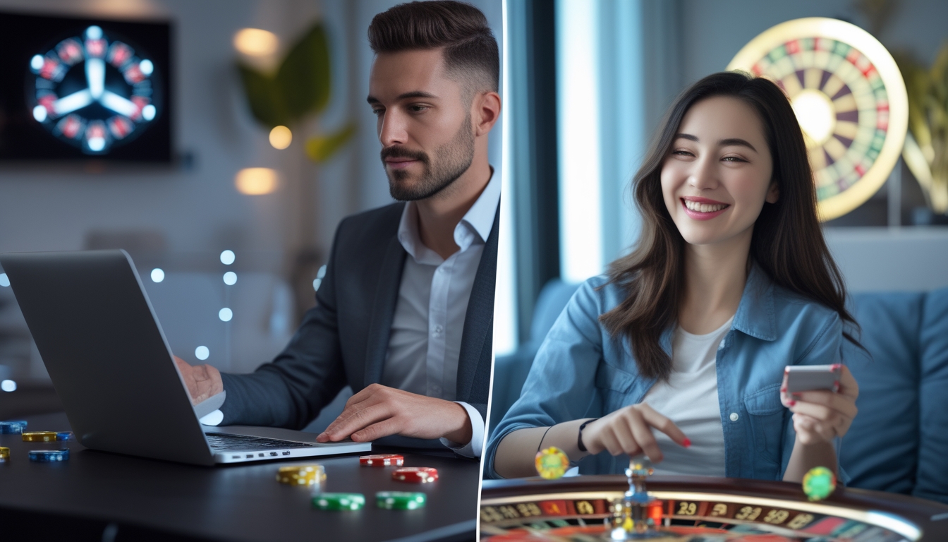 Seorang pria dan wanita sedang bermain roulette online di perangkat berbeda, pria fokus pada permainan uang nyata dan wanita santai bermain gratis.