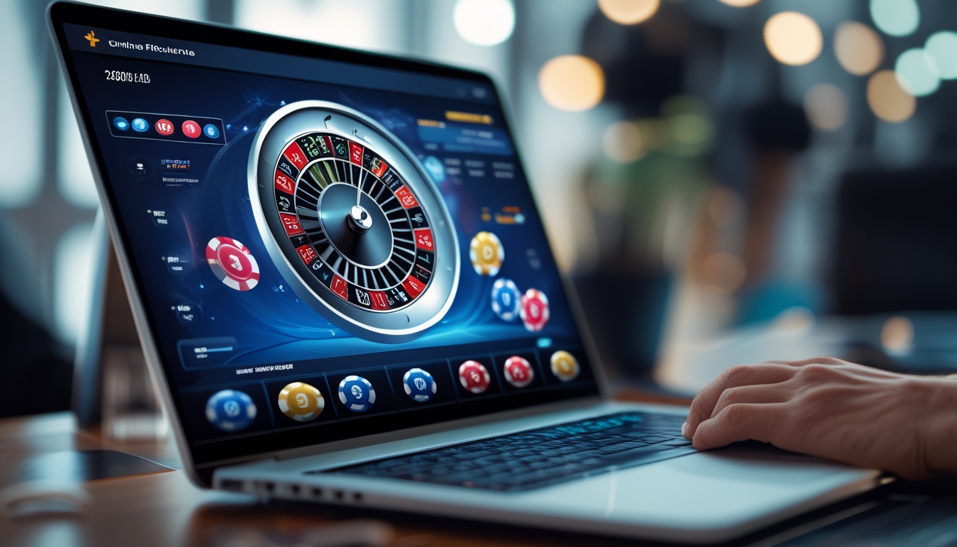 Sebuah layar komputer menampilkan roda roulette digital dengan chip warna-warni di meja taruhan virtual dalam suasana modern.