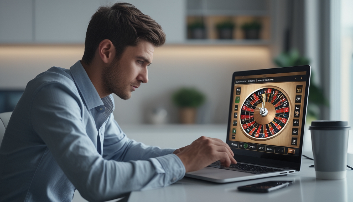Seorang pria muda serius bermain roulette online di laptop di ruang kerja modern dengan pencahayaan alami.