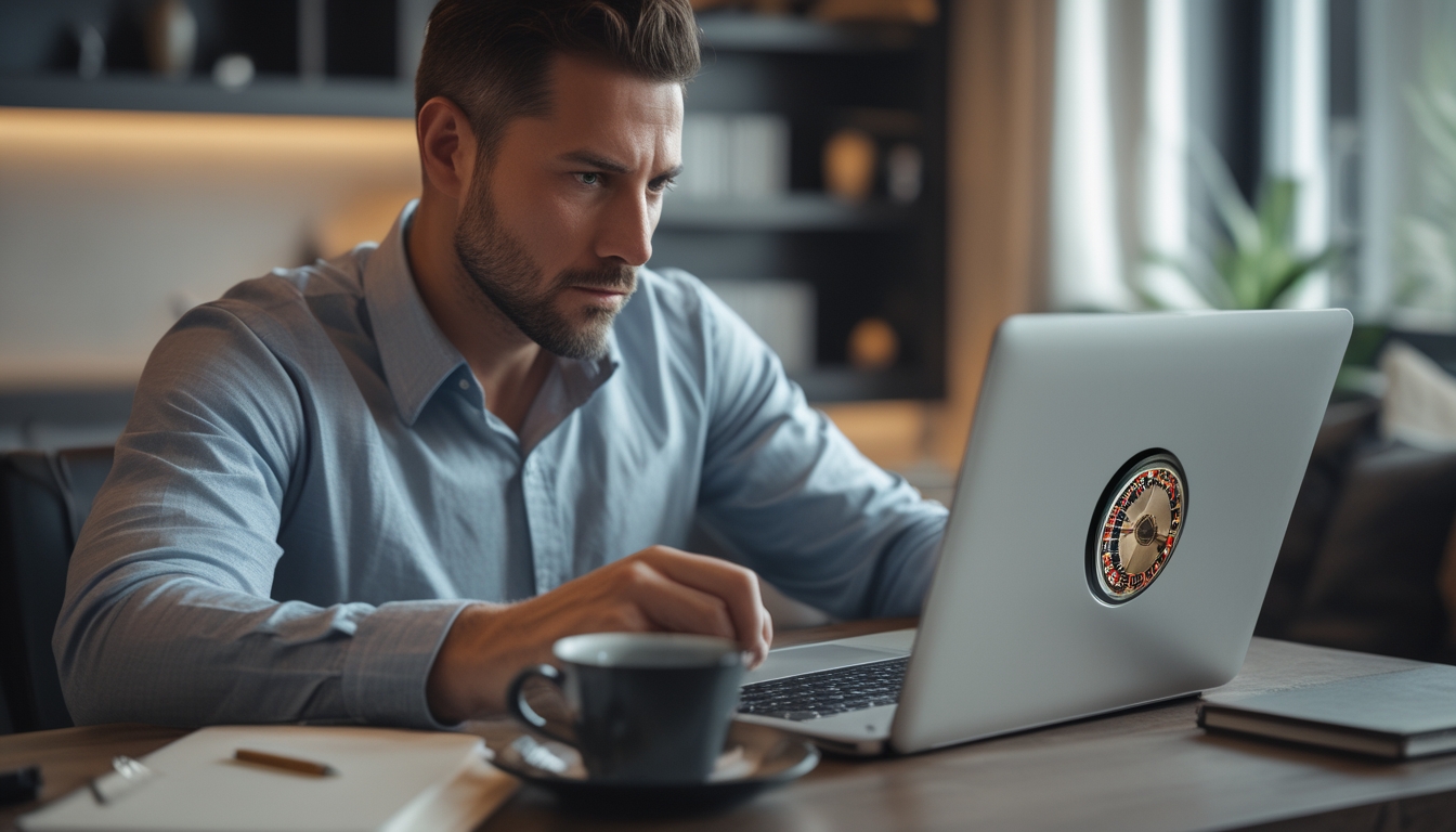 Seorang pria dewasa serius sedang bermain roulette online di laptop di dalam ruangan yang nyaman.
