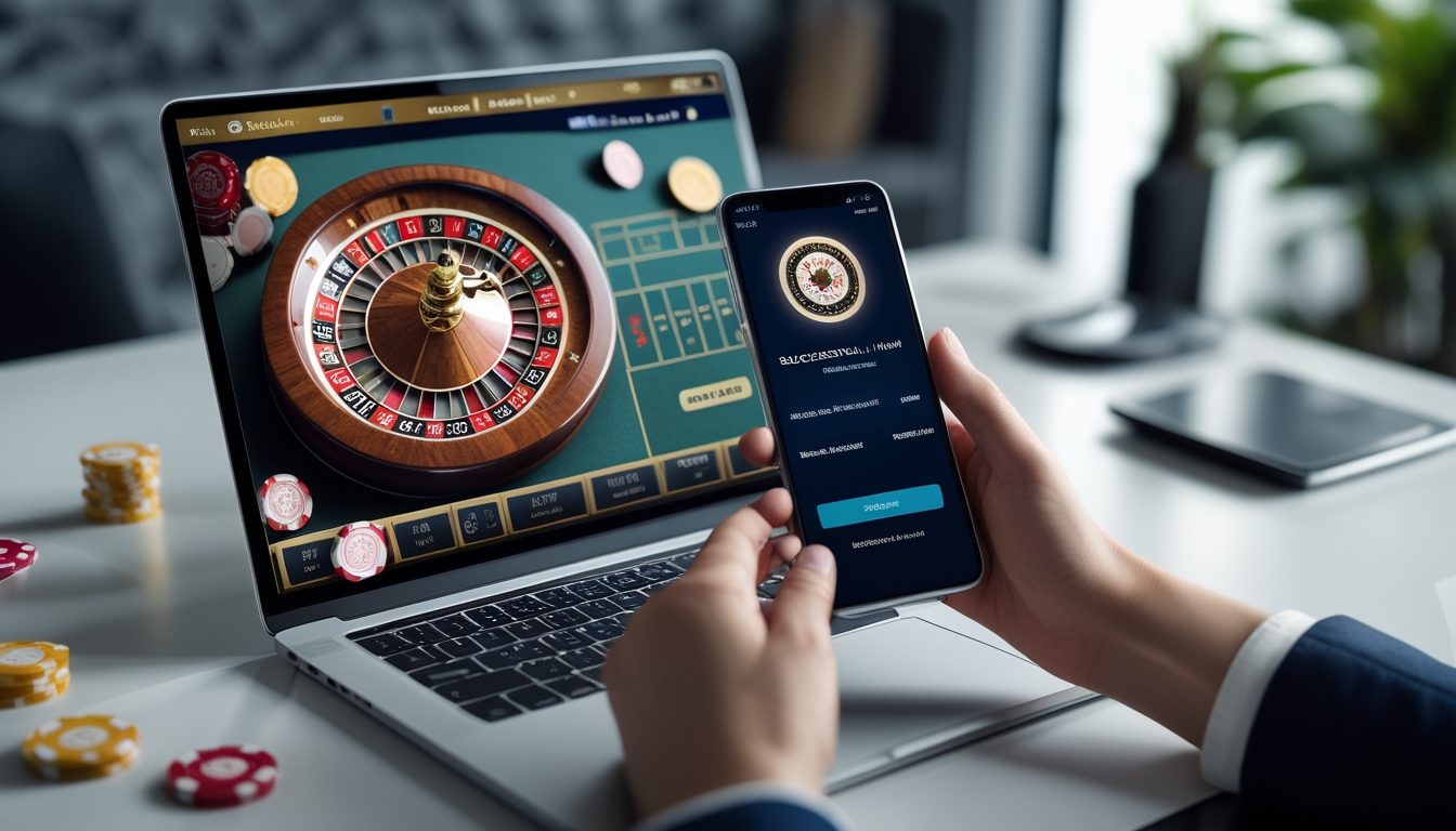 Seseorang menggunakan laptop dan ponsel untuk melakukan transaksi penarikan uang di situs roulette online.