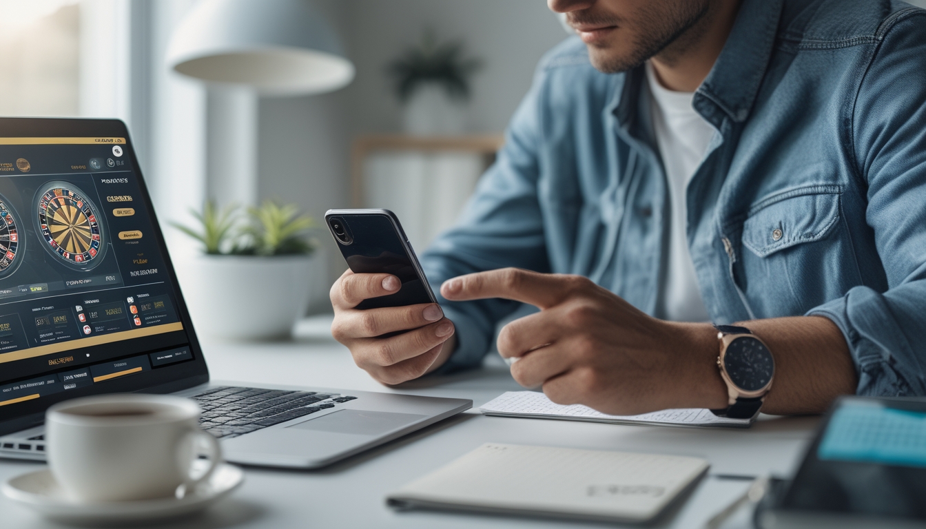 Seseorang sedang duduk di meja dengan laptop dan ponsel, mempersiapkan proses penarikan uang dari situs roulette online.