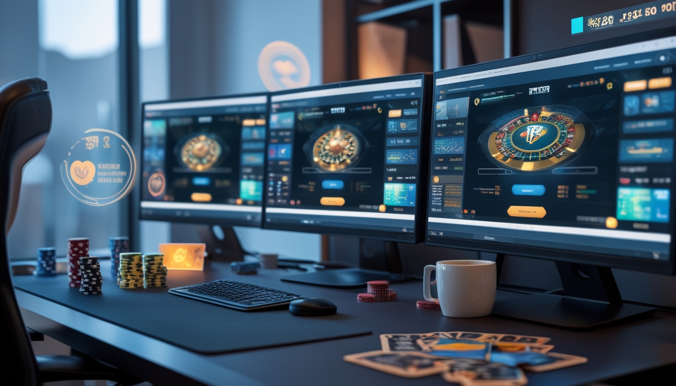 Seorang pemain poker online duduk di depan komputer dengan beberapa monitor menampilkan permainan poker, di meja terdapat chip poker dan kartu bermain.