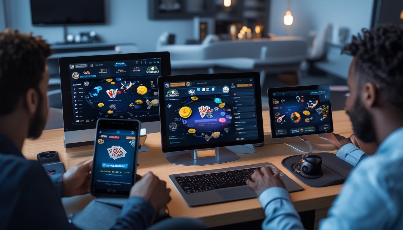 Sebuah meja dengan beberapa perangkat digital menampilkan permainan poker online, dengan tangan pemain yang sedang bermain di ruang yang terang dan modern.