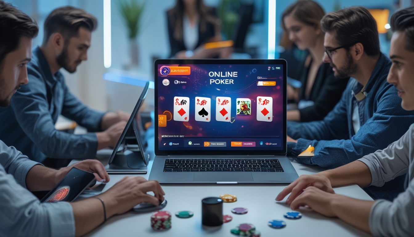 Orang-orang sedang bermain poker online di ruang kerja modern dengan laptop dan chip poker di meja.