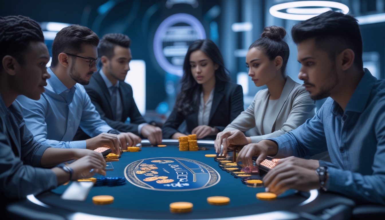 Beberapa orang bermain poker online di depan komputer dengan suasana yang serius dan teknologi canggih di latar belakang.