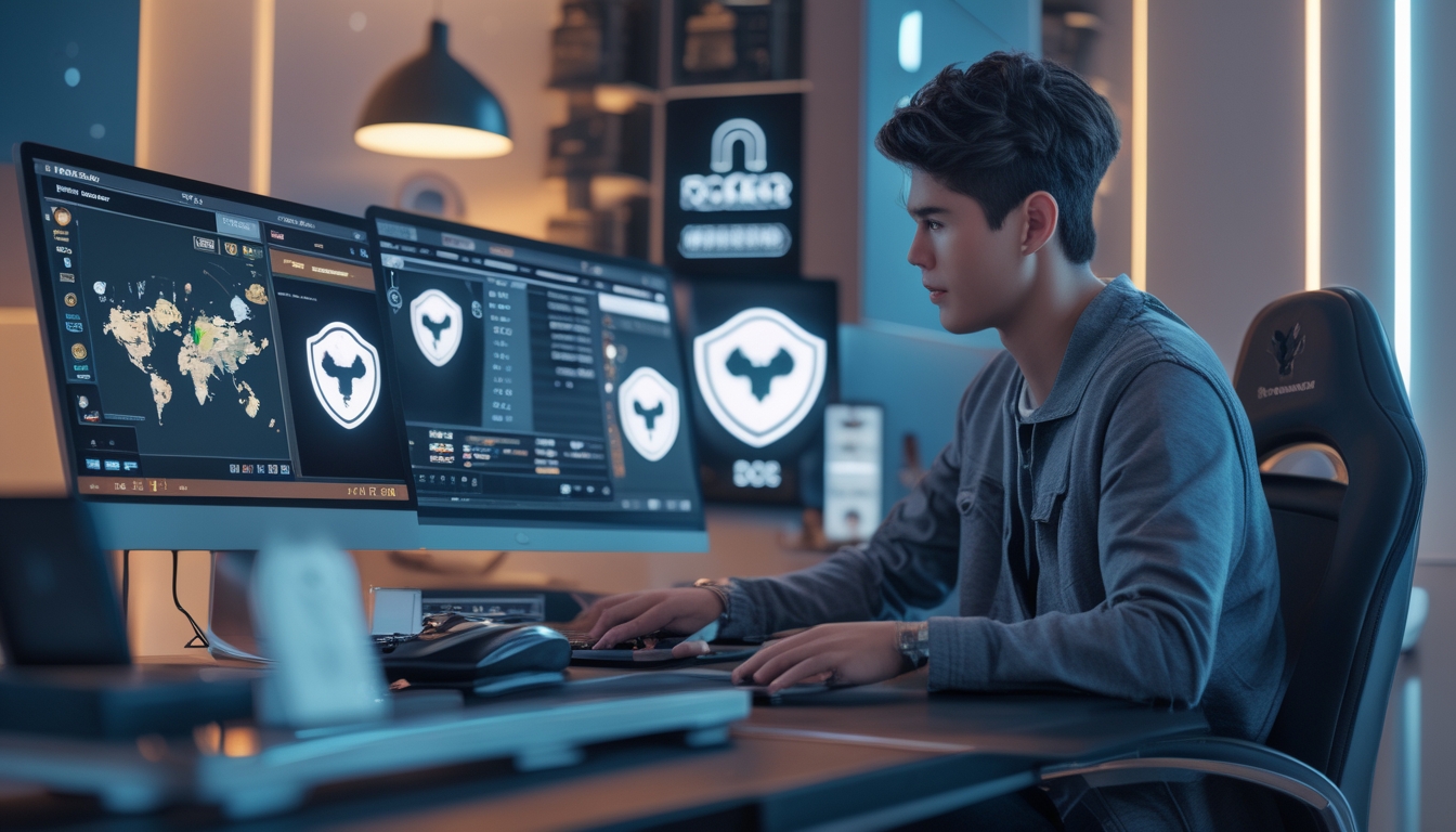 Seseorang duduk di meja dengan beberapa perangkat digital yang menampilkan permainan poker online dan ikon keamanan di ruangan bergaya modern.