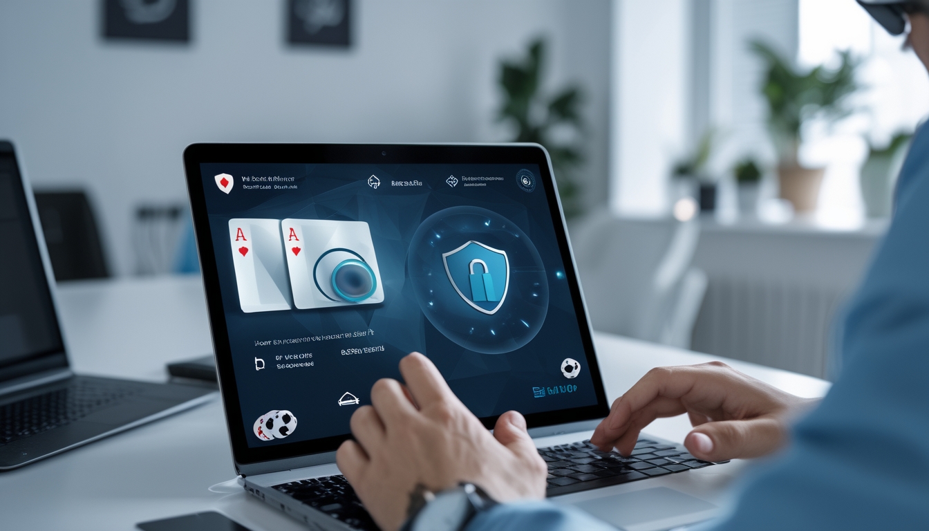 Seseorang menggunakan komputer dengan tampilan permainan poker online yang aman dan terpercaya.