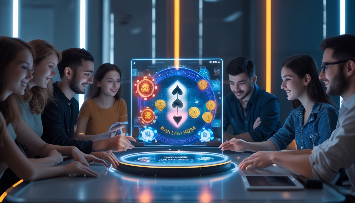 Sekelompok orang muda sedang bermain poker online di meja digital futuristik dengan suasana ruangan modern dan pencahayaan ambient.