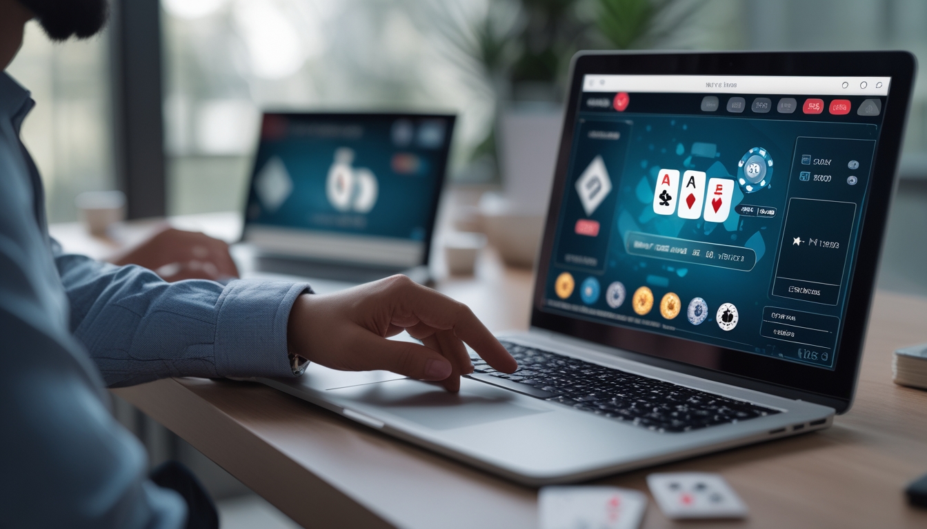 Seseorang menggunakan laptop dengan tampilan permainan poker online di meja kerja yang rapi dan modern.
