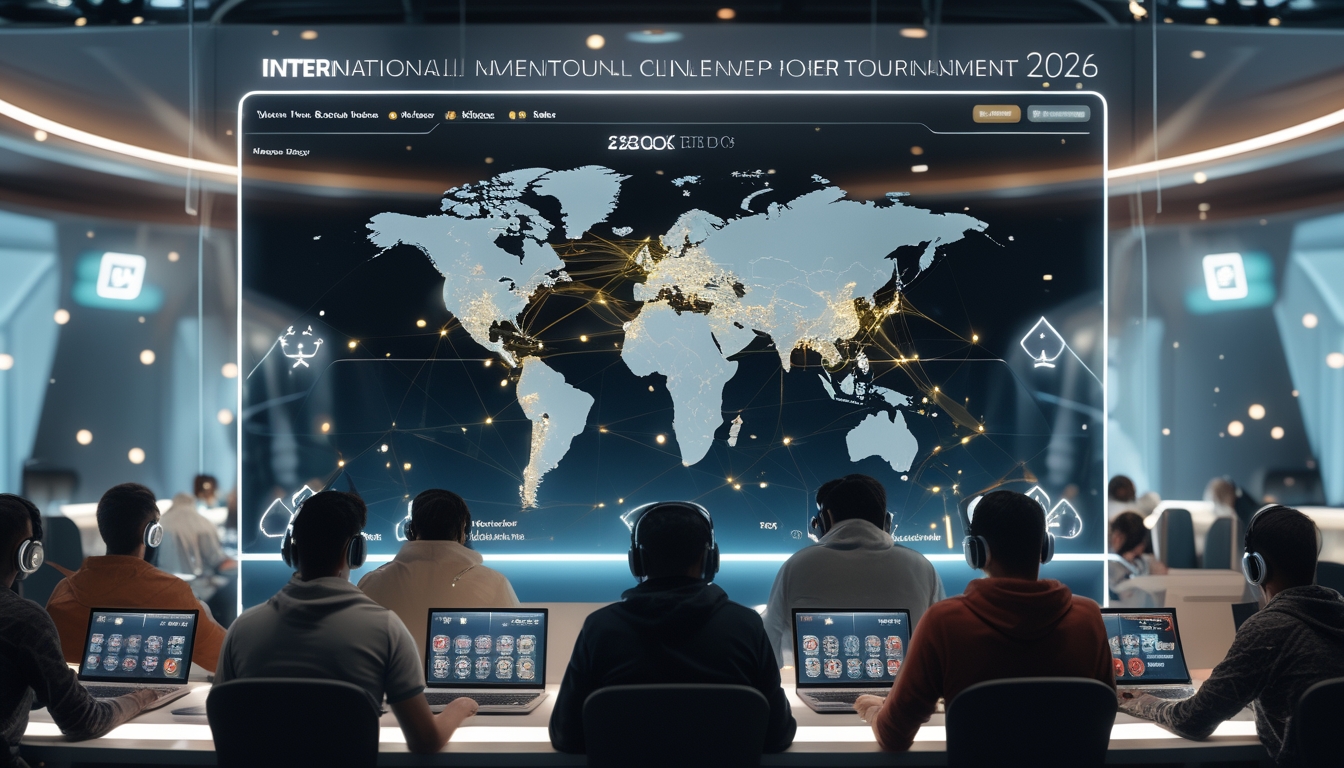 Beberapa pemain poker internasional sedang bermain di depan layar digital dengan kartu dan chip, menunjukkan turnamen poker online besar tahun 2026.