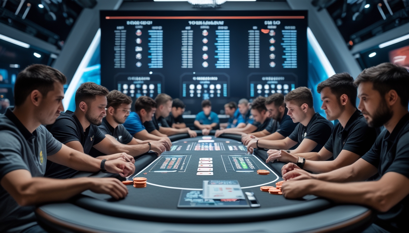 Sekelompok pemain poker internasional sedang bermain di meja poker modern dengan layar digital dan suasana turnamen besar.