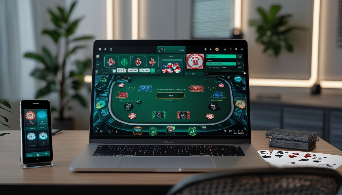 Seseorang menggunakan komputer dengan tampilan permainan poker online di layar dalam ruangan yang terang dan rapi.
