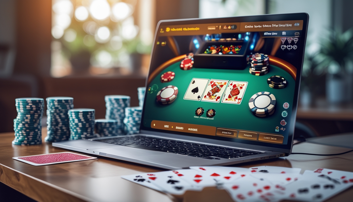 Sebuah laptop dengan meja poker digital di layar, dikelilingi tumpukan chip poker dan kartu bermain di atas meja kayu.