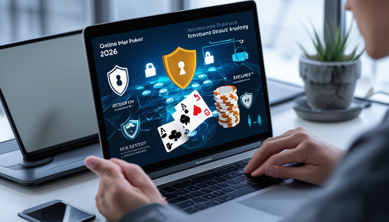 Seseorang menggunakan komputer dengan tampilan permainan poker online yang aman dan terpercaya di lingkungan kerja yang modern.