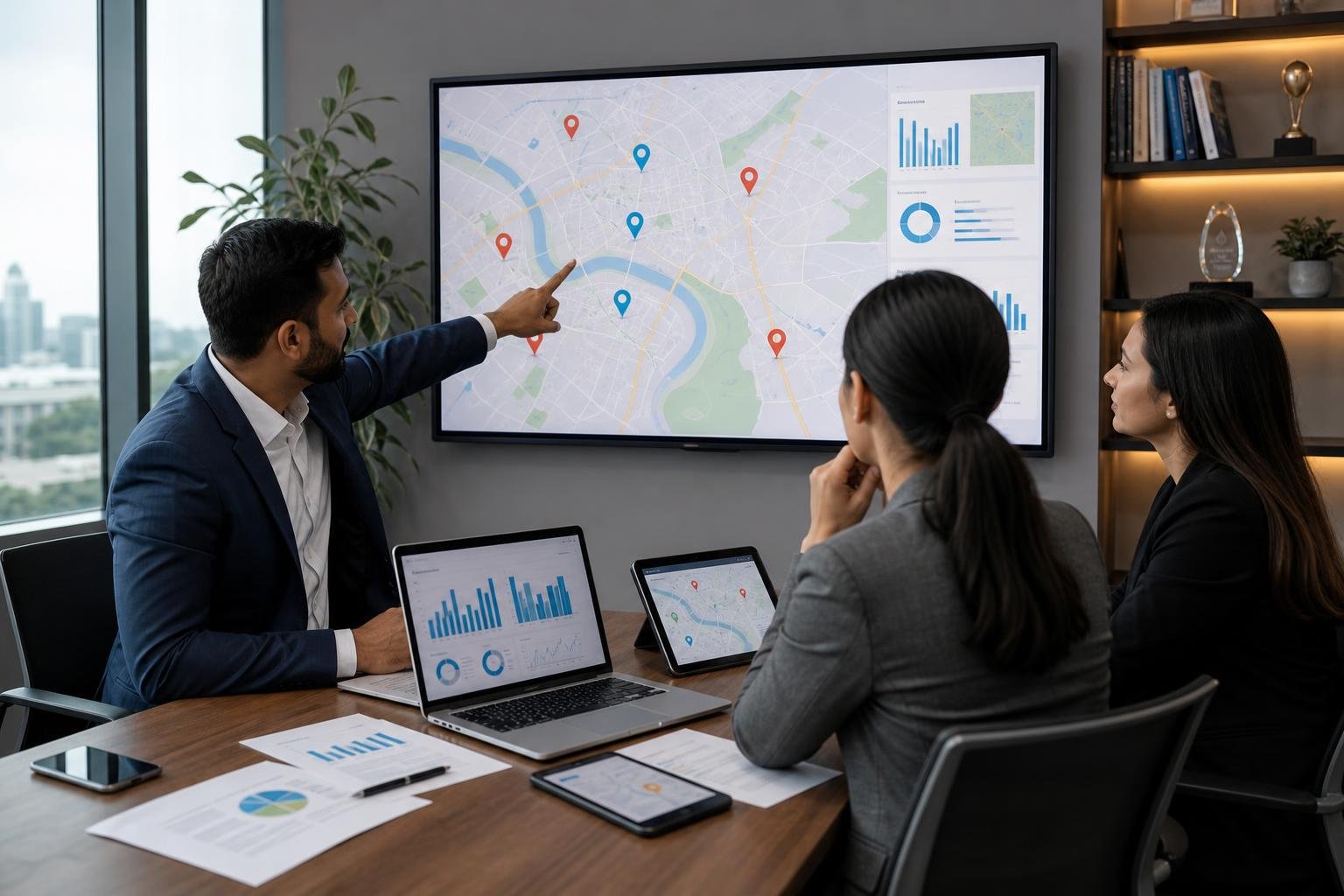 Three professionals collaborating in an office around a table with digital devices and a large screen showing a city map with location pins.