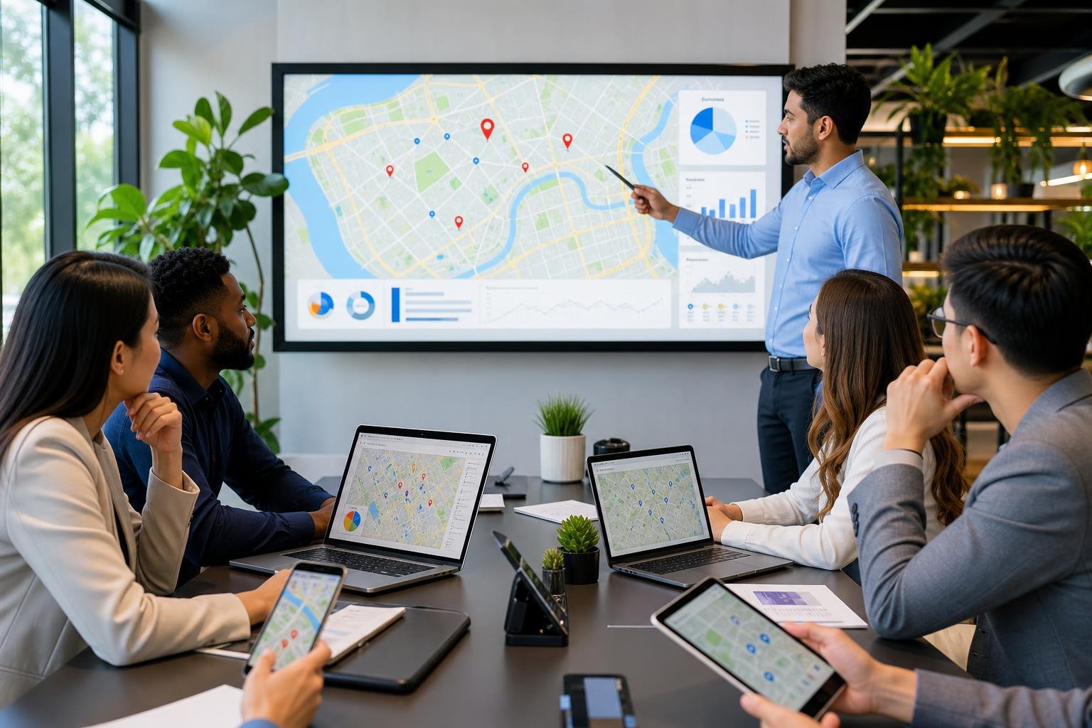 A group of professionals collaborating around a table with digital devices, viewing a large screen showing a map with highlighted business locations.