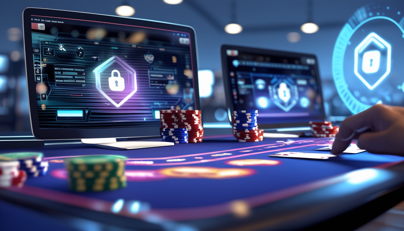 Tampilan meja poker online di layar komputer dengan chip poker dan kartu bermain, menampilkan suasana permainan yang aman dan terpercaya.
