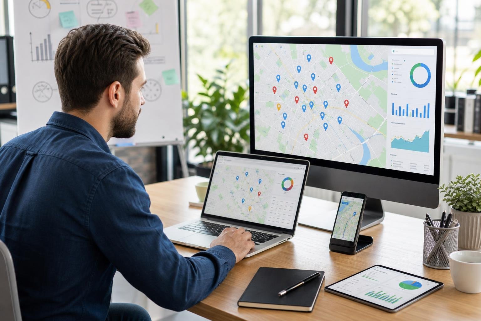 A business professional working at a desk with a laptop and monitor displaying maps and analytics in a bright office.