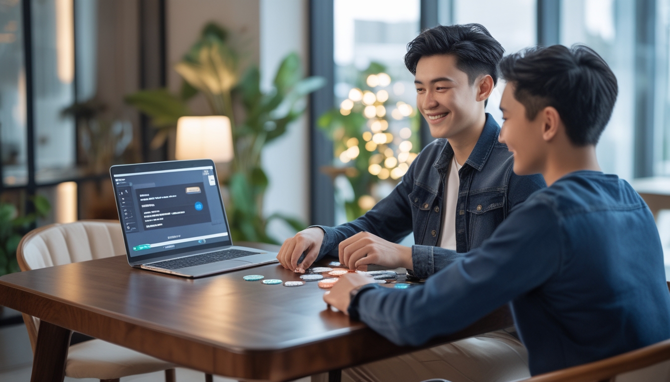 Dua orang muda duduk di meja bermain poker dengan kartu dan chip, di dalam ruangan yang nyaman dengan laptop terbuka di samping mereka.