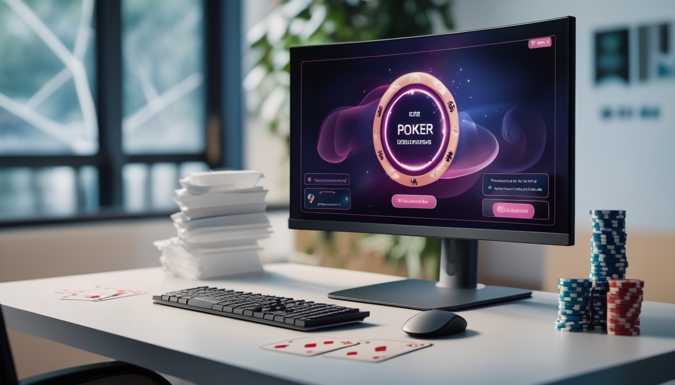 Sebuah meja dengan monitor menampilkan permainan poker online, tumpukan chip poker, dan kartu bermain di lingkungan kantor rumah yang tenang.