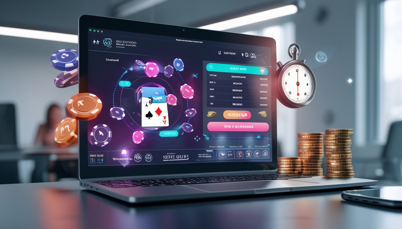Seseorang menggunakan komputer dengan tampilan permainan poker online dan simbol bonus serta transaksi cepat di sekitarnya.