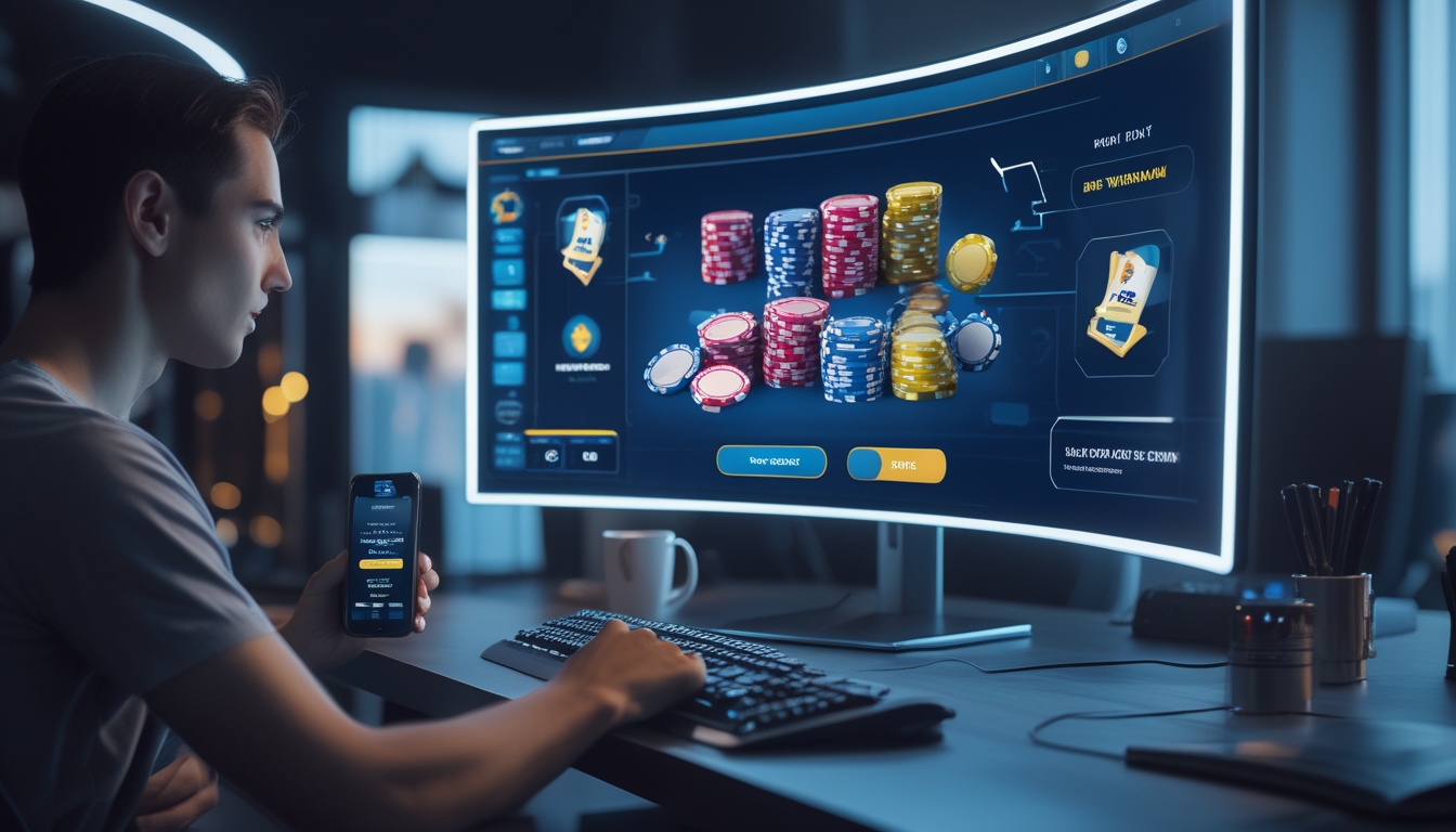 Seseorang sedang bermain poker online di depan komputer dengan tumpukan chip poker dan layar yang menampilkan permainan poker digital.