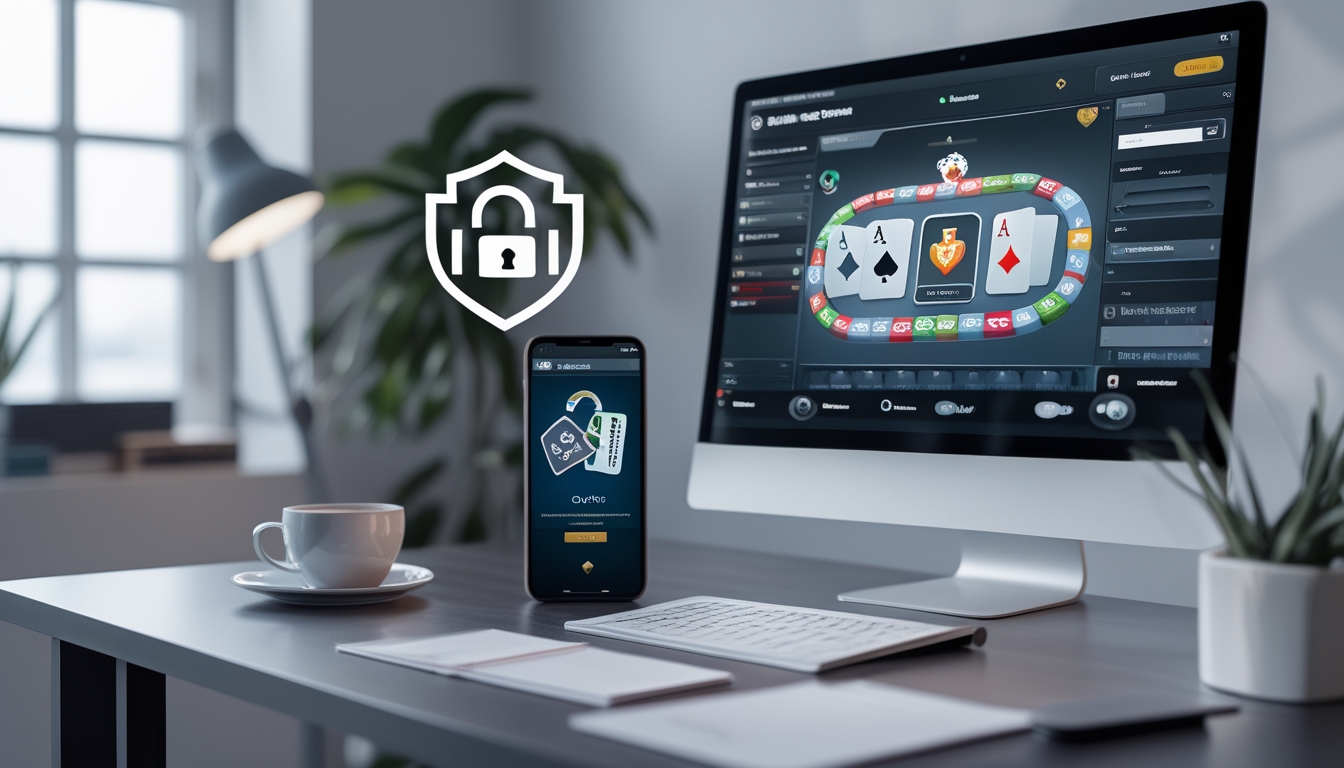 Seorang pengguna sedang bermain poker online di laptop dan ponsel di meja kerja yang rapi dengan suasana terang dan elemen keamanan terlihat di latar belakang.