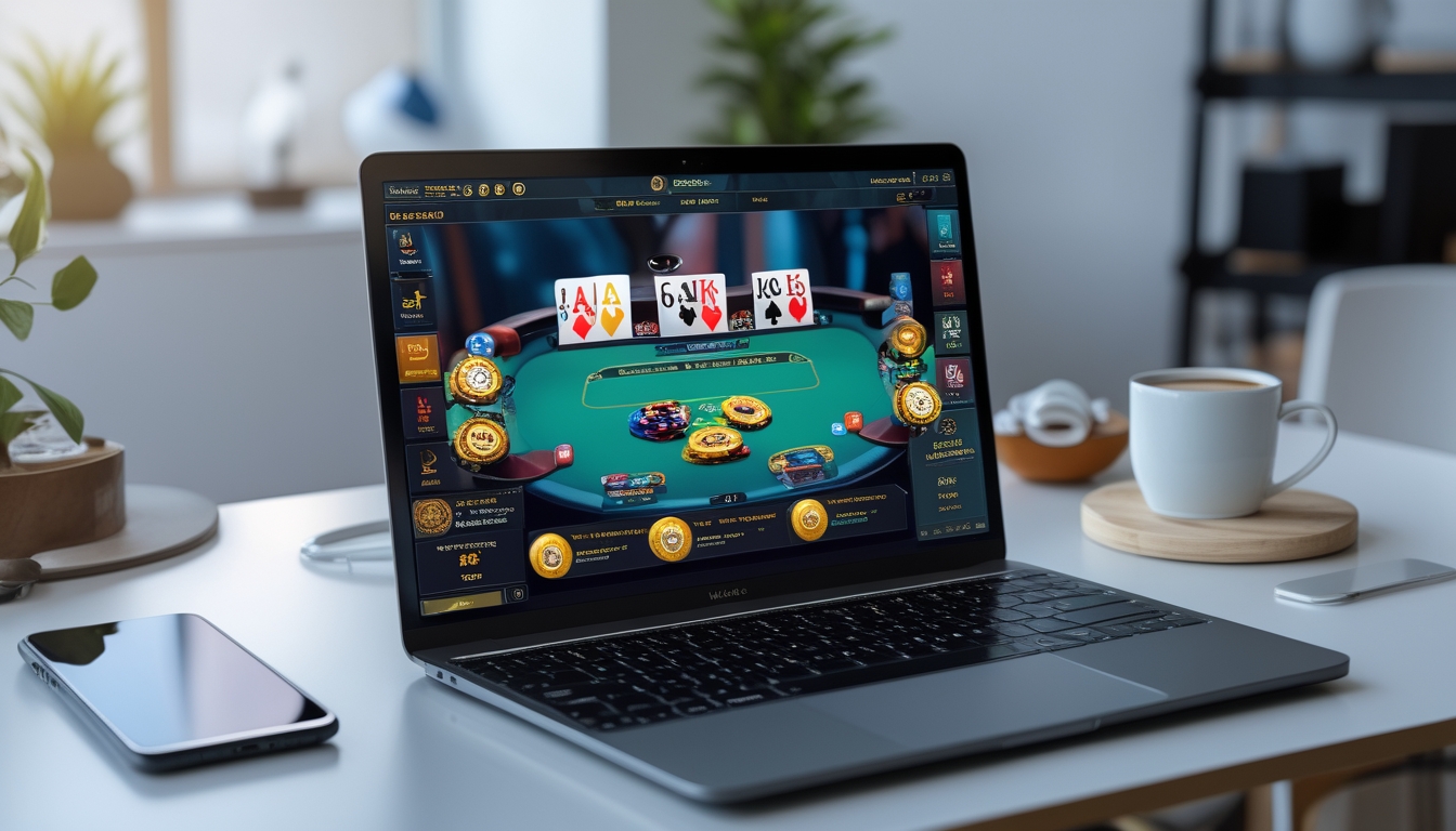 Sebuah laptop menampilkan permainan poker online dengan kartu dan chip di meja kerja modern yang rapi.