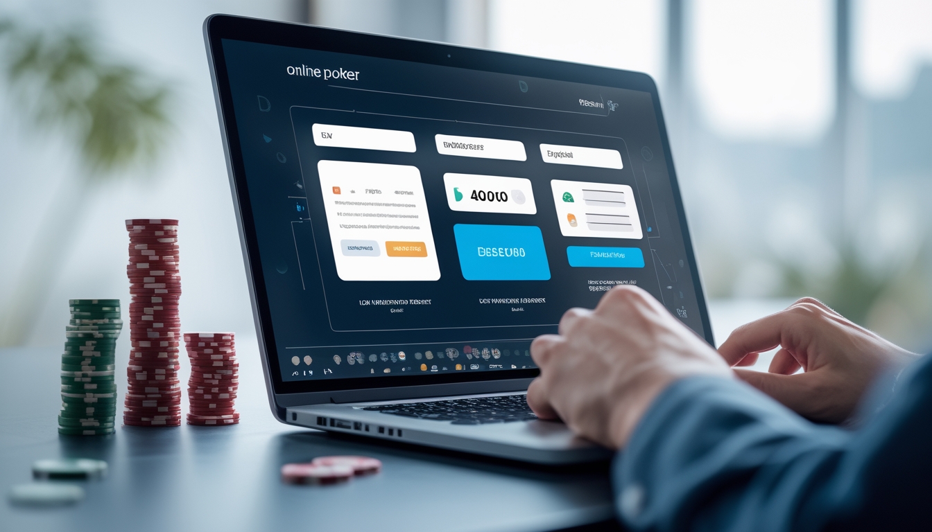 Seorang pengguna bermain poker online di depan komputer dengan tampilan platform poker yang jelas dan ramah pengguna, dikelilingi oleh chip poker dan uang dengan latar belakang yang samar.