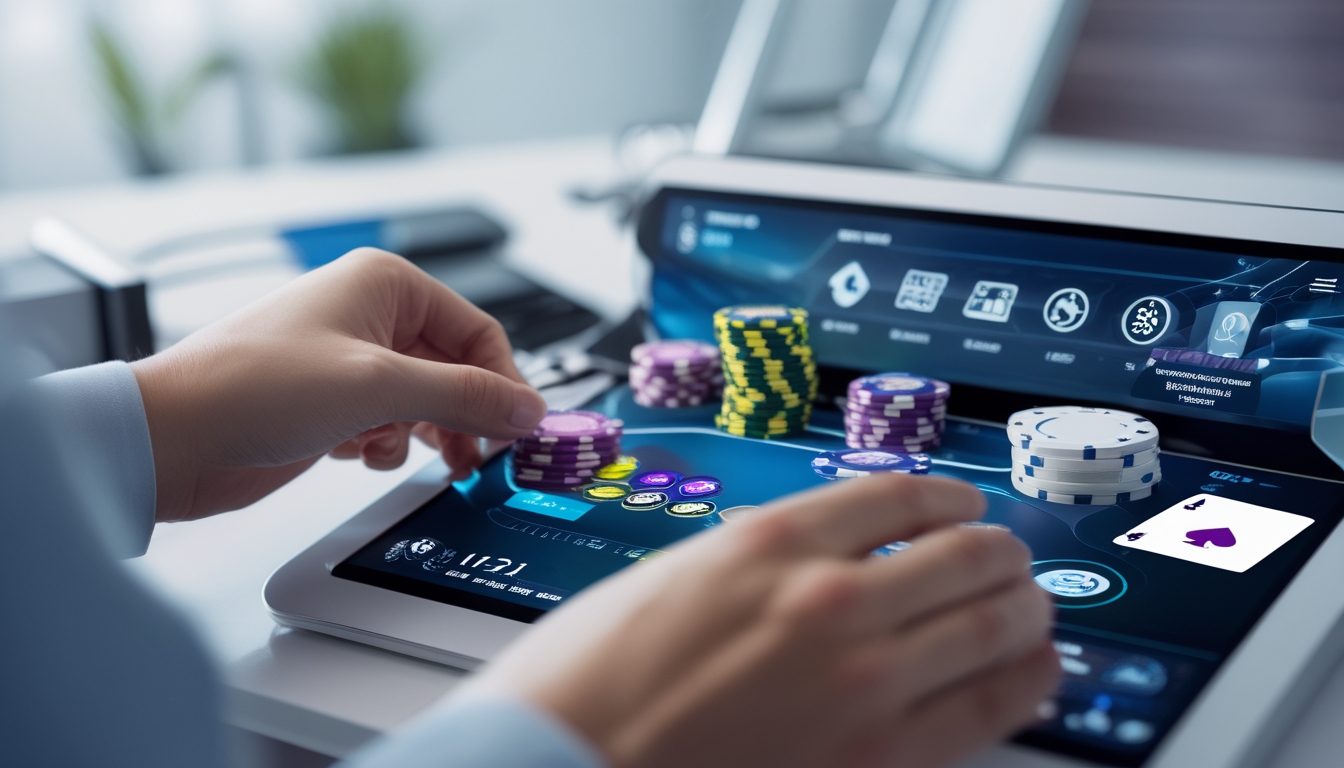 Tangan seseorang bermain poker online di layar sentuh dengan chip poker dan kartu digital, di lingkungan teknologi modern.
