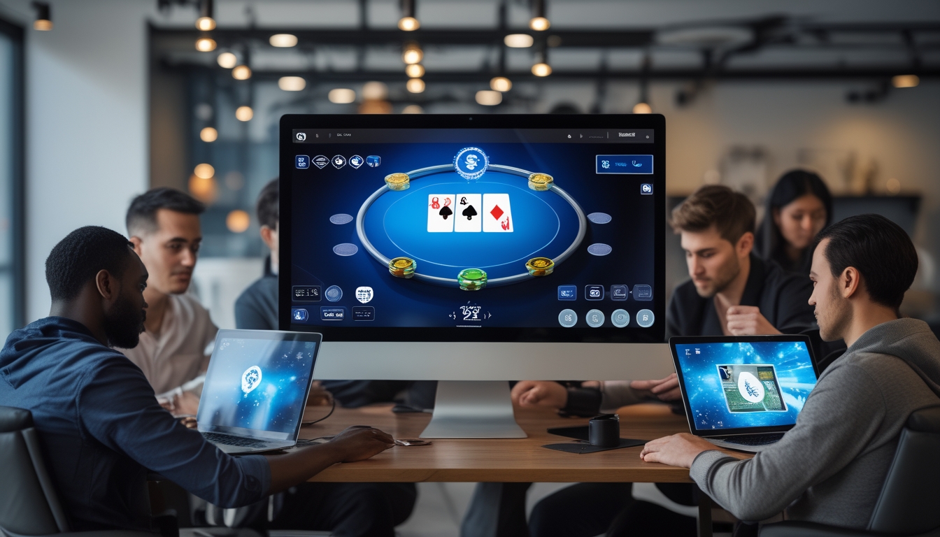 Beberapa orang bermain poker online di perangkat digital dalam ruangan modern yang nyaman dengan tampilan permainan kartu dan chip di layar komputer.