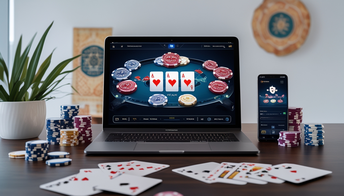 Sebuah meja kerja dengan laptop yang menampilkan permainan poker online, kartu remi dan chip poker di sekitarnya, dengan latar belakang dekorasi budaya Indonesia.