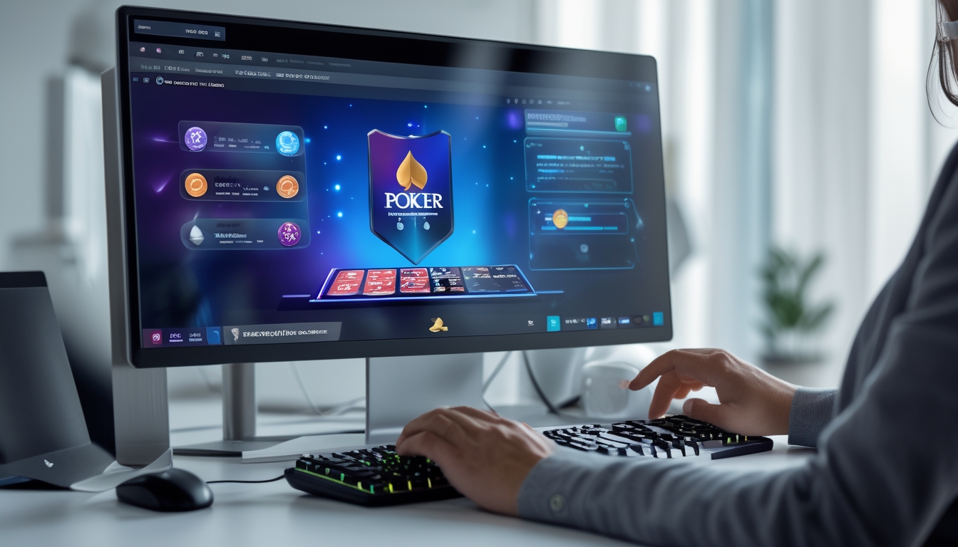 Tangan seseorang sedang bermain poker online di depan layar komputer dengan tumpukan chip poker dan kartu terlihat di layar.